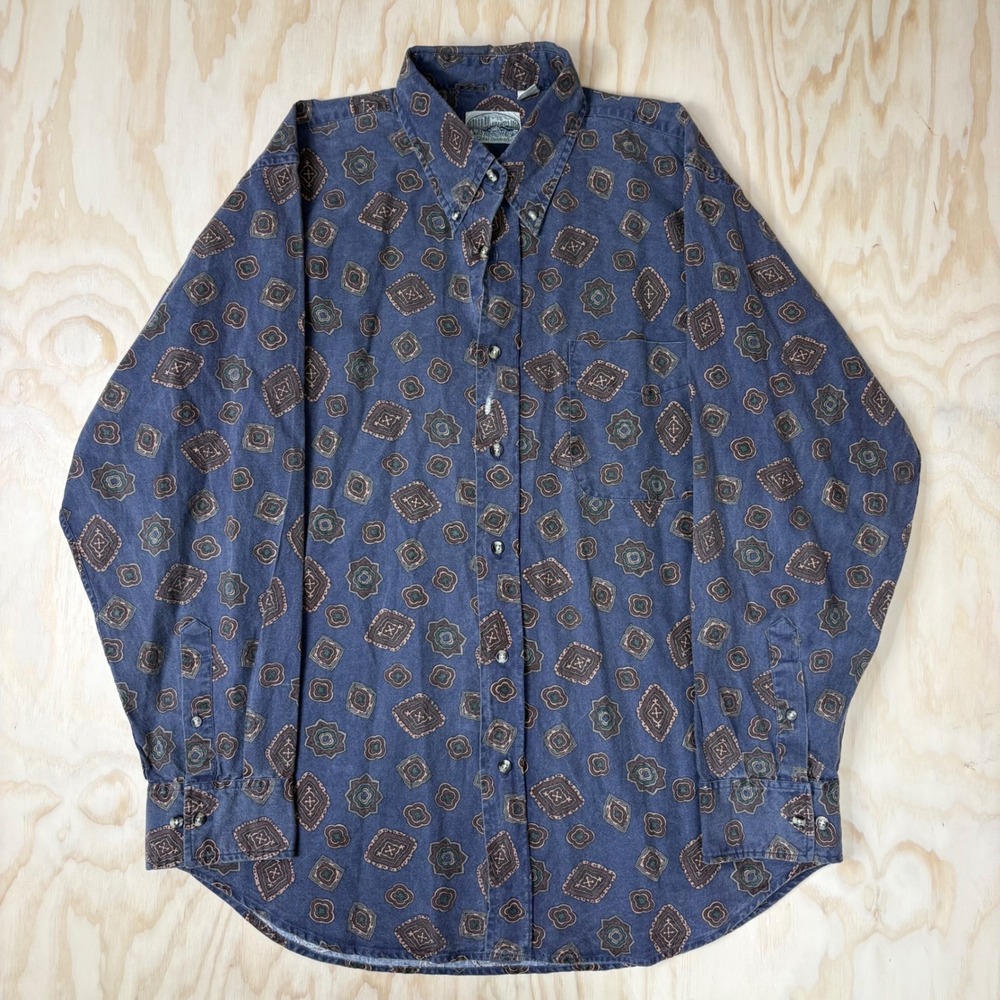 Britches Great Outdoors Mens Large Blue Geometric Medallion Cotton Button Shirt